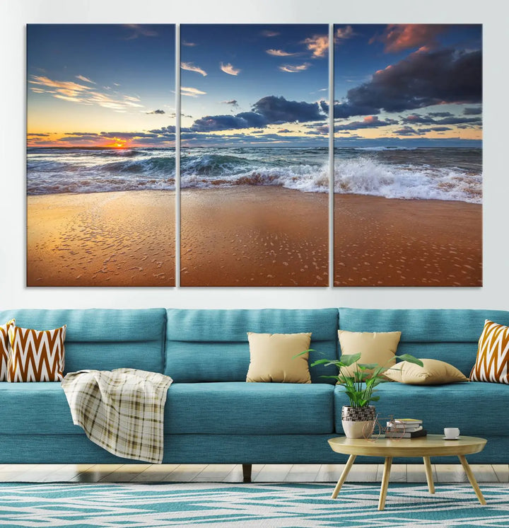 The Serene Beach Sunset Canvas Wall Art, featuring a tranquil sunset over ocean waves on sand, captures the essence of coastal home decor.