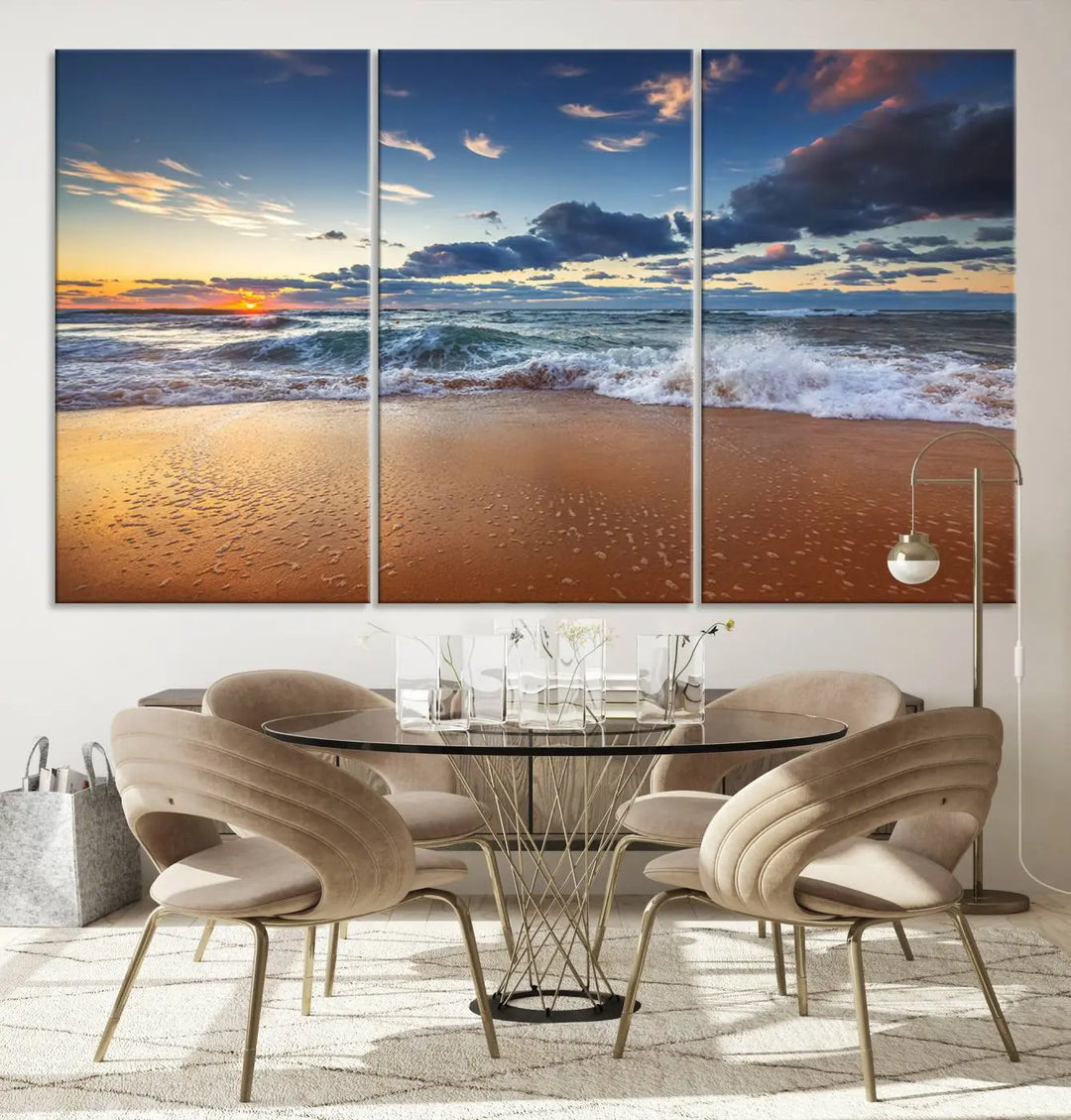 The Serene Beach Sunset Canvas Wall Art, featuring a tranquil sunset over ocean waves on sand, captures the essence of coastal home decor.