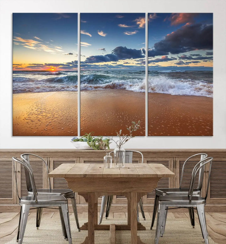 The Serene Beach Sunset Canvas Wall Art, featuring a tranquil sunset over ocean waves on sand, captures the essence of coastal home decor.