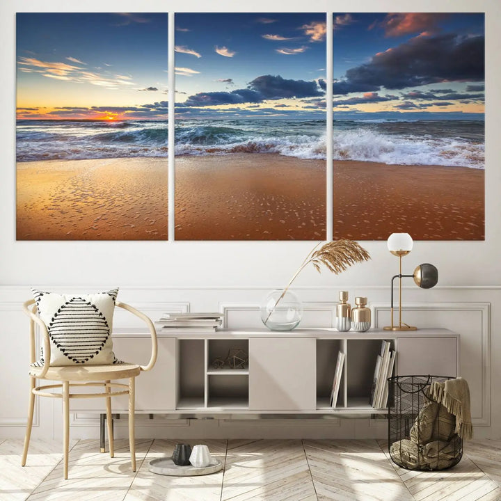 The Serene Beach Sunset Canvas Wall Art, featuring a tranquil sunset over ocean waves on sand, captures the essence of coastal home decor.