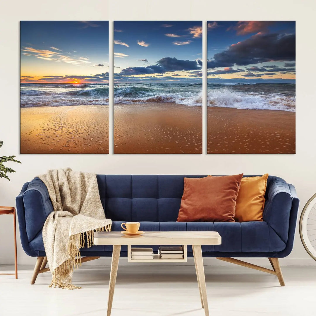 The Serene Beach Sunset Canvas Wall Art, featuring a tranquil sunset over ocean waves on sand, captures the essence of coastal home decor.