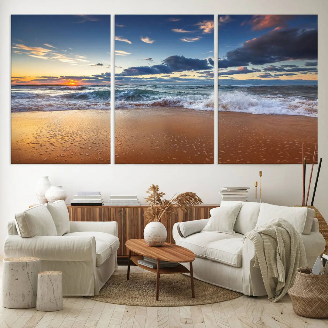 The Serene Beach Sunset Canvas Wall Art, featuring a tranquil sunset over ocean waves on sand, captures the essence of coastal home decor.