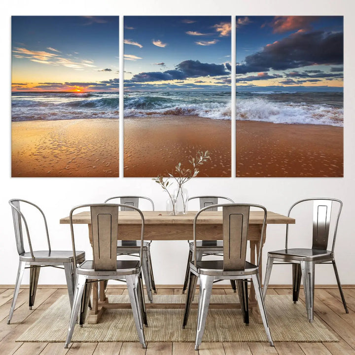 The Serene Beach Sunset Canvas Wall Art, featuring a tranquil sunset over ocean waves on sand, captures the essence of coastal home decor.