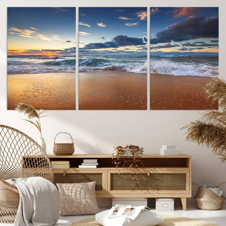 The Serene Beach Sunset Canvas Wall Art, featuring a tranquil sunset over ocean waves on sand, captures the essence of coastal home decor.