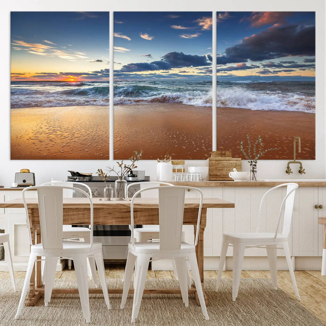 The Serene Beach Sunset Canvas Wall Art, featuring a tranquil sunset over ocean waves on sand, captures the essence of coastal home decor.