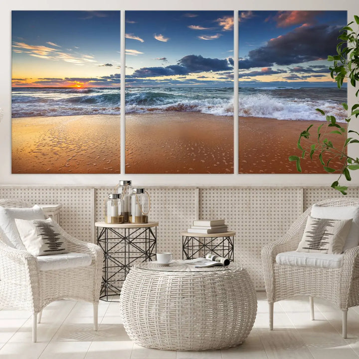 The Serene Beach Sunset Canvas Wall Art, featuring a tranquil sunset over ocean waves on sand, captures the essence of coastal home decor.