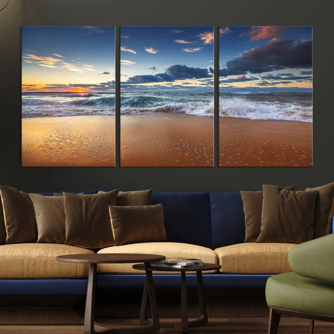 The Serene Beach Sunset Canvas Wall Art, featuring a tranquil sunset over ocean waves on sand, captures the essence of coastal home decor.