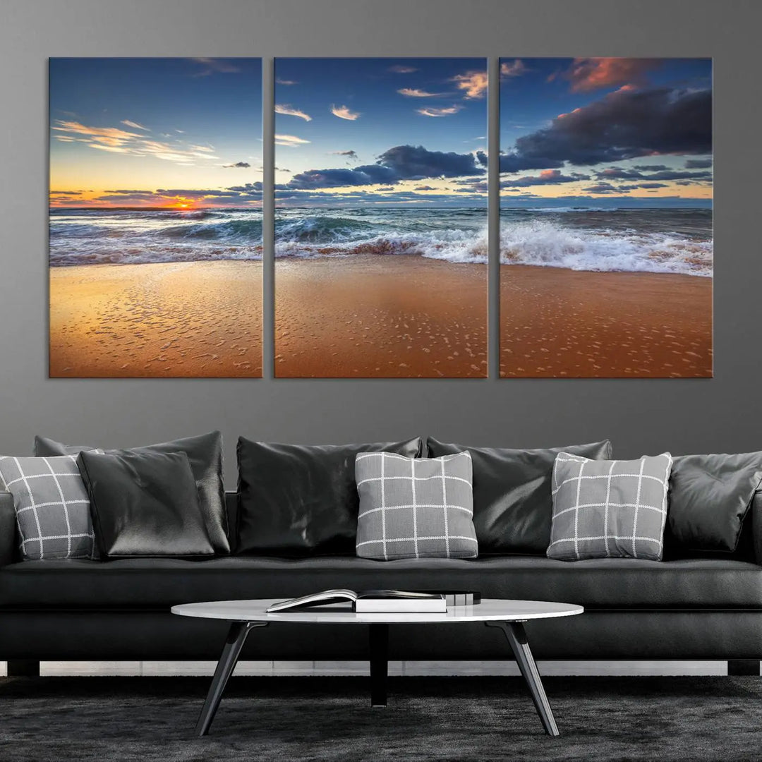 The Serene Beach Sunset Canvas Wall Art, featuring a tranquil sunset over ocean waves on sand, captures the essence of coastal home decor.