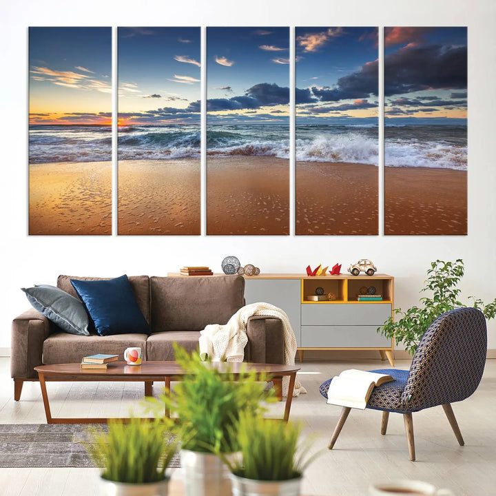 The Serene Beach Sunset Canvas Wall Art, featuring a tranquil sunset over ocean waves on sand, captures the essence of coastal home decor.