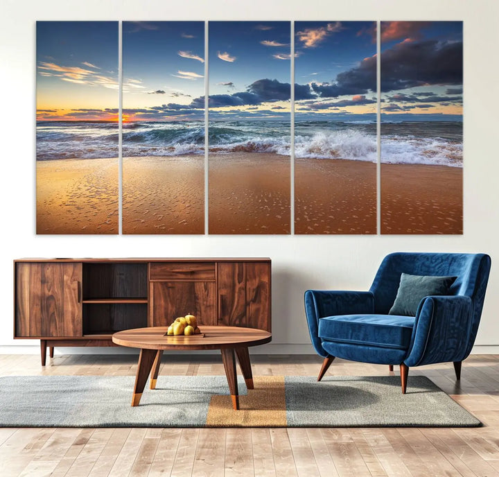 The Serene Beach Sunset Canvas Wall Art, featuring a tranquil sunset over ocean waves on sand, captures the essence of coastal home decor.