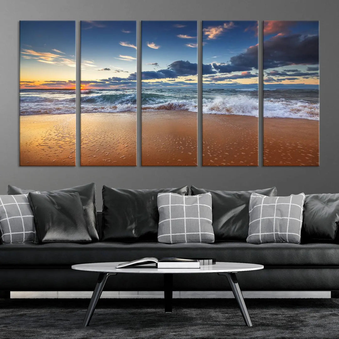 The Serene Beach Sunset Canvas Wall Art, featuring a tranquil sunset over ocean waves on sand, captures the essence of coastal home decor.