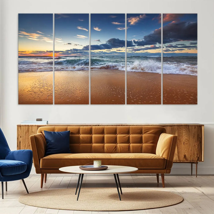 The Serene Beach Sunset Canvas Wall Art, featuring a tranquil sunset over ocean waves on sand, captures the essence of coastal home decor.