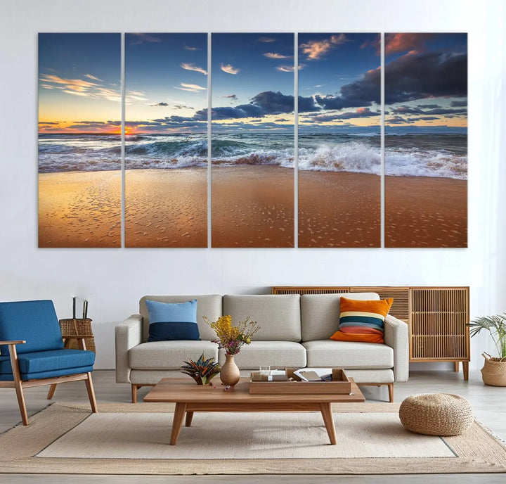 The Serene Beach Sunset Canvas Wall Art, featuring a tranquil sunset over ocean waves on sand, captures the essence of coastal home decor.