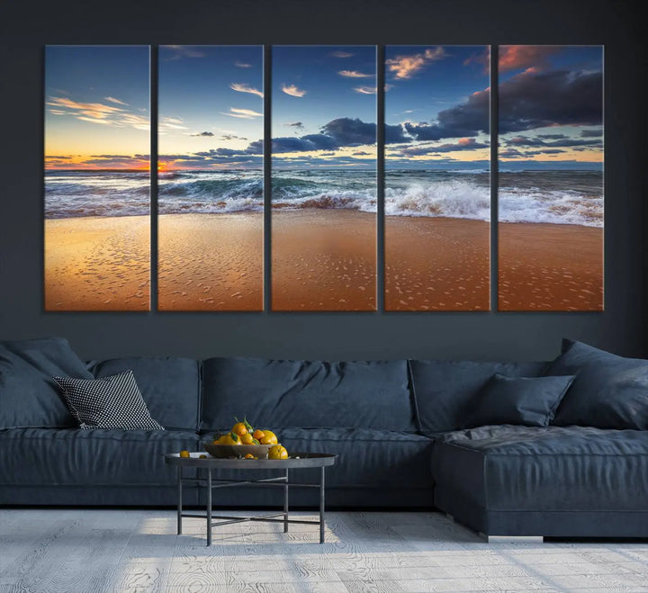 The Serene Beach Sunset Canvas Wall Art, featuring a tranquil sunset over ocean waves on sand, captures the essence of coastal home decor.