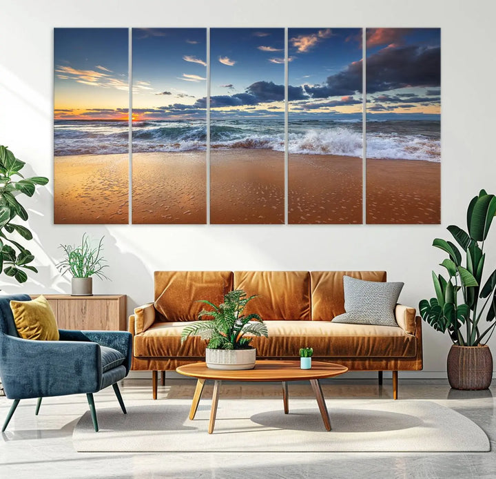 The Serene Beach Sunset Canvas Wall Art, featuring a tranquil sunset over ocean waves on sand, captures the essence of coastal home decor.