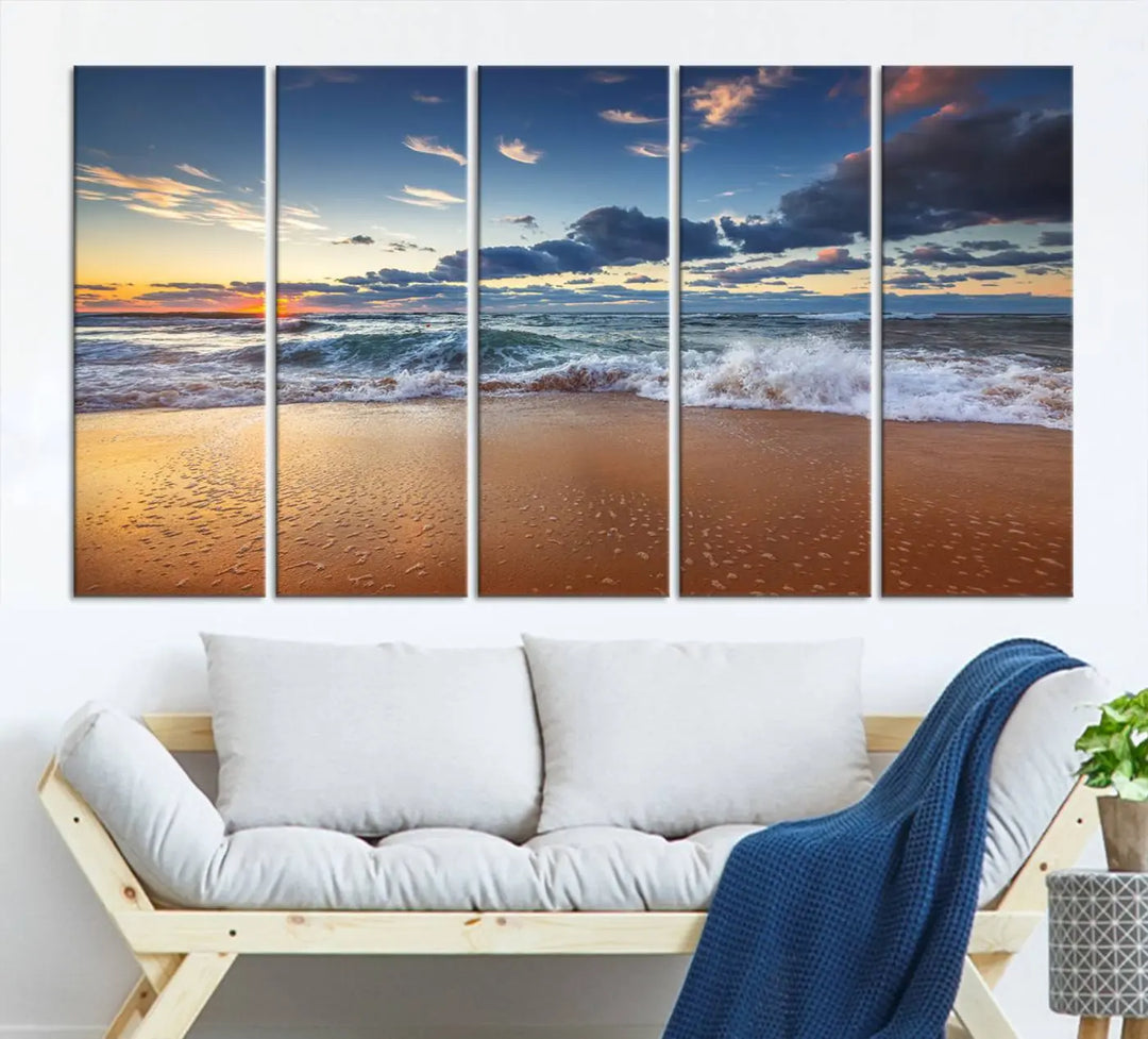 The Serene Beach Sunset Canvas Wall Art, featuring a tranquil sunset over ocean waves on sand, captures the essence of coastal home decor.