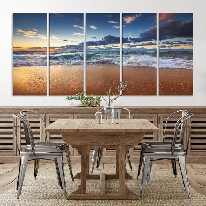 The Serene Beach Sunset Canvas Wall Art, featuring a tranquil sunset over ocean waves on sand, captures the essence of coastal home decor.