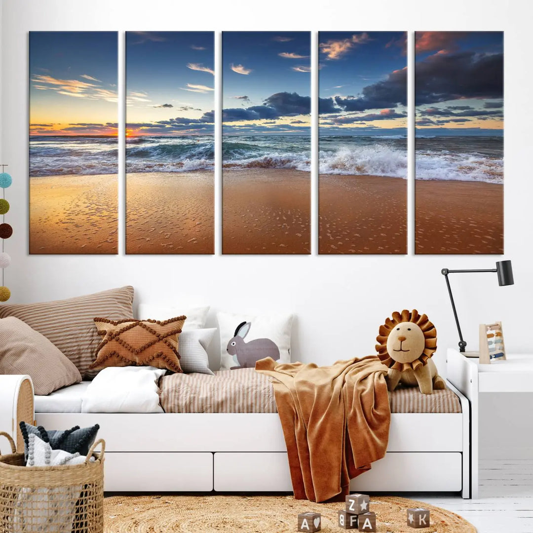 The Serene Beach Sunset Canvas Wall Art, featuring a tranquil sunset over ocean waves on sand, captures the essence of coastal home decor.