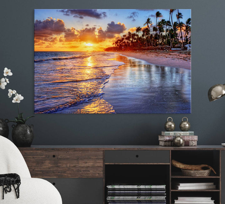 Serene Beach Sunset Wall Art Canvas- Coastal Seascape Print for Living Room or Bedroom, Ocean Waves on Sand, Tranquil Sunset Artwork,