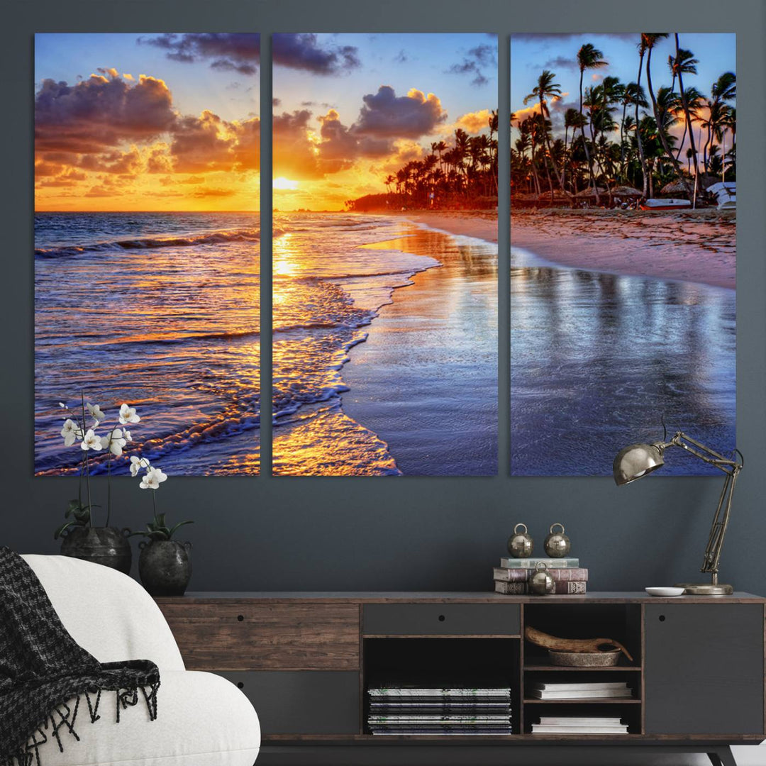 Serene Beach Sunset Wall Art Canvas- Coastal Seascape Print for Living Room or Bedroom, Ocean Waves on Sand, Tranquil Sunset Artwork,