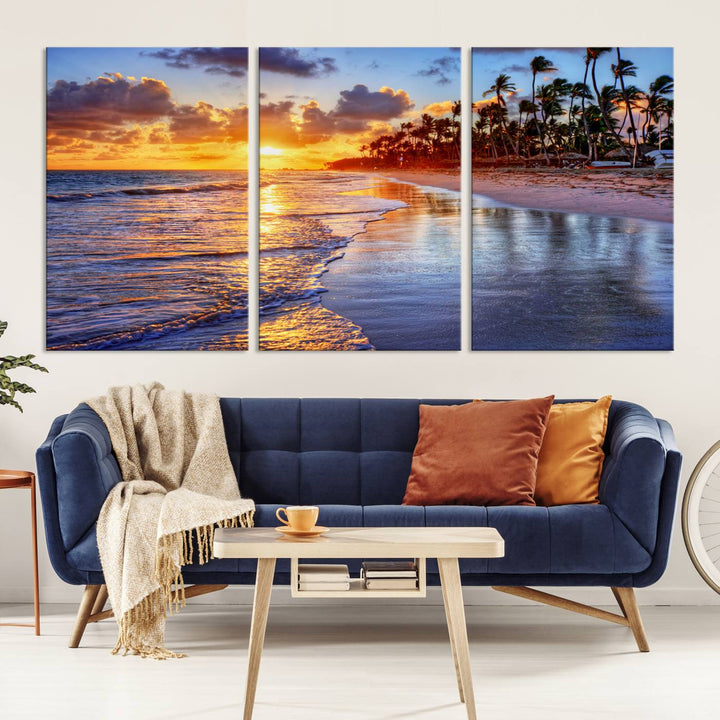 Serene Beach Sunset Wall Art Canvas- Coastal Seascape Print for Living Room or Bedroom, Ocean Waves on Sand, Tranquil Sunset Artwork,