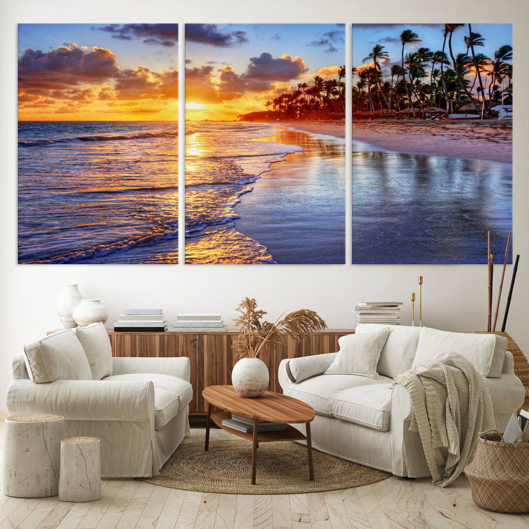 Serene Beach Sunset Wall Art Canvas- Coastal Seascape Print for Living Room or Bedroom, Ocean Waves on Sand, Tranquil Sunset Artwork,