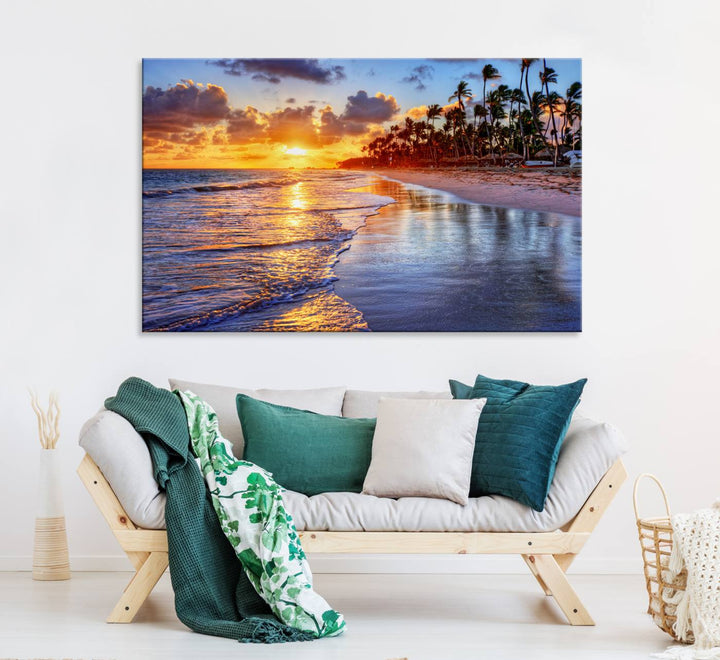 Serene Beach Sunset Wall Art Canvas- Coastal Seascape Print for Living Room or Bedroom, Ocean Waves on Sand, Tranquil Sunset Artwork,