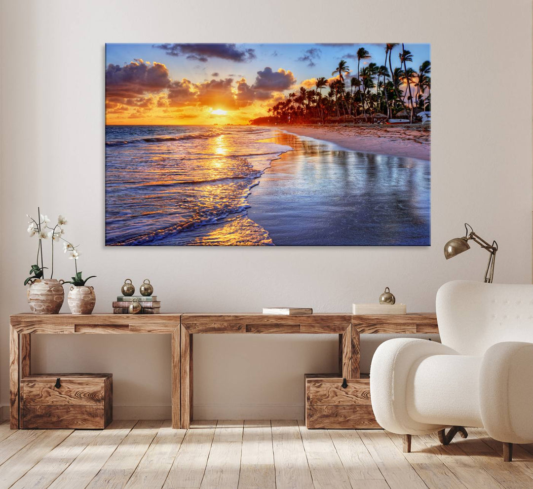 Serene Beach Sunset Wall Art Canvas- Coastal Seascape Print for Living Room or Bedroom, Ocean Waves on Sand, Tranquil Sunset Artwork,