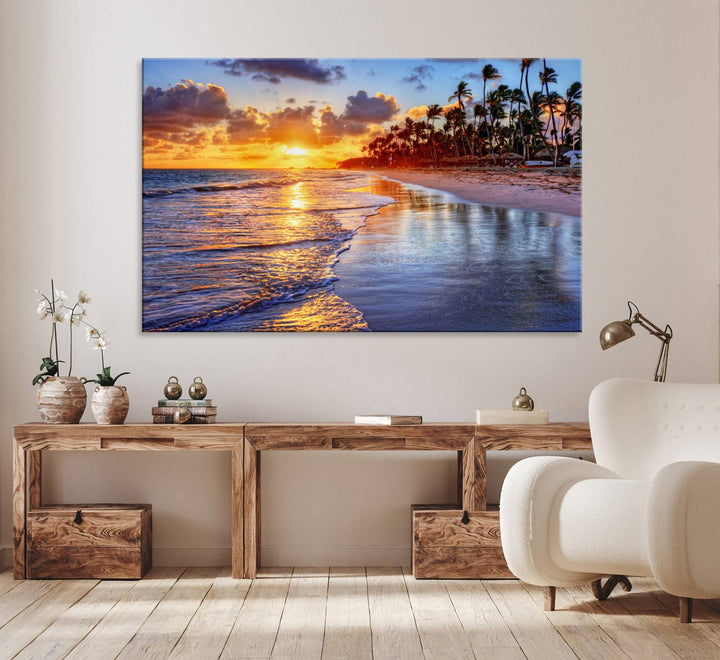Serene Beach Sunset Wall Art Canvas- Coastal Seascape Print for Living Room or Bedroom, Ocean Waves on Sand, Tranquil Sunset Artwork,