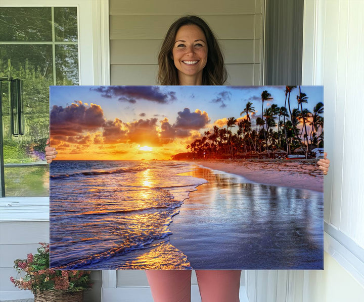 Serene Beach Sunset Wall Art Canvas- Coastal Seascape Print for Living Room or Bedroom, Ocean Waves on Sand, Tranquil Sunset Artwork,