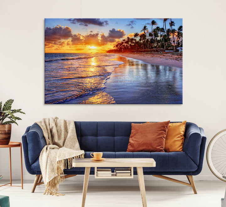 Serene Beach Sunset Wall Art Canvas- Coastal Seascape Print for Living Room or Bedroom, Ocean Waves on Sand, Tranquil Sunset Artwork,