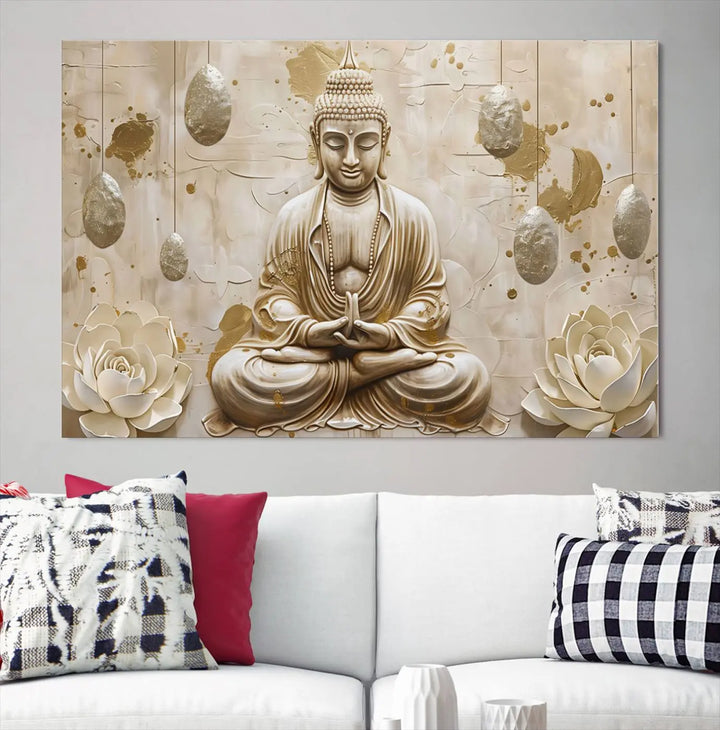 The Serene Buddha Wall Art—Yoga Room Decor and Meditation Wall Art Print—framed and ready to hang, graces the space above the sofa, creating an aura of tranquility.