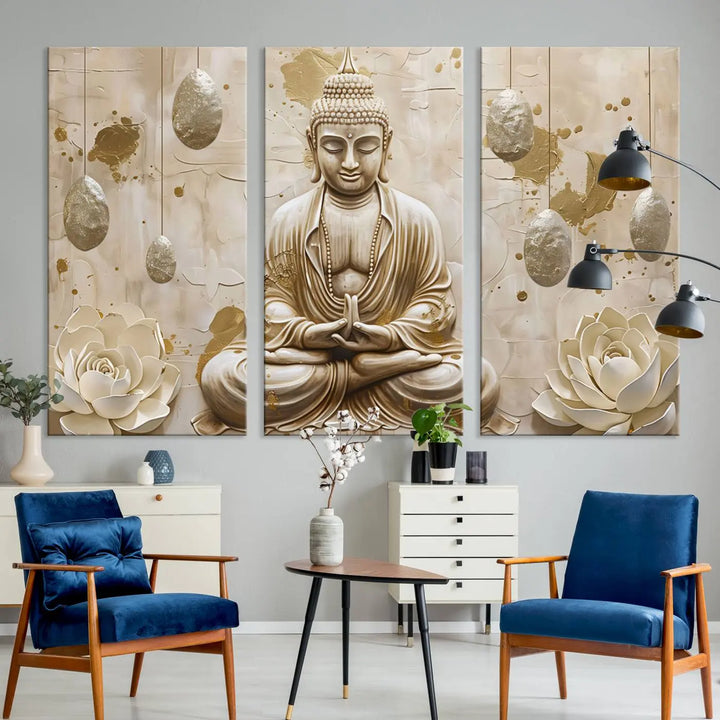 The Serene Buddha Wall Art—Yoga Room Decor and Meditation Wall Art Print—framed and ready to hang, graces the space above the sofa, creating an aura of tranquility.