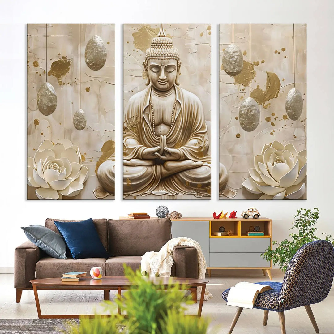 The Serene Buddha Wall Art—Yoga Room Decor and Meditation Wall Art Print—framed and ready to hang, graces the space above the sofa, creating an aura of tranquility.