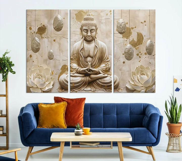 The Serene Buddha Wall Art—Yoga Room Decor and Meditation Wall Art Print—framed and ready to hang, graces the space above the sofa, creating an aura of tranquility.