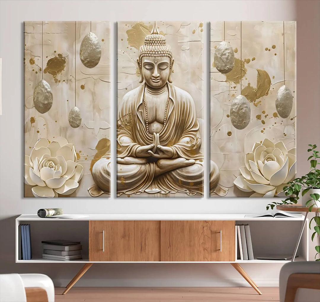 The Serene Buddha Wall Art—Yoga Room Decor and Meditation Wall Art Print—framed and ready to hang, graces the space above the sofa, creating an aura of tranquility.