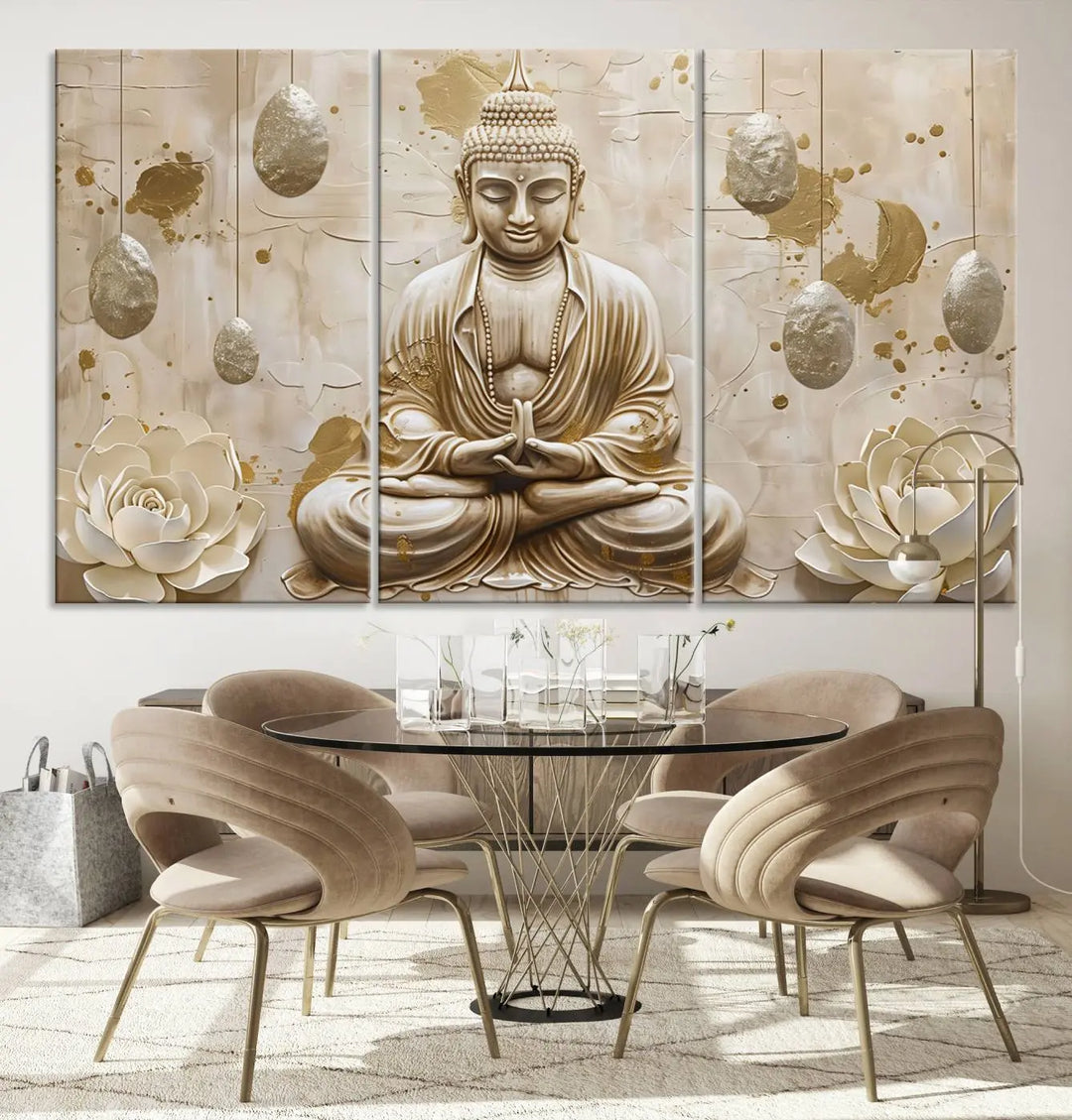 The Serene Buddha Wall Art—Yoga Room Decor and Meditation Wall Art Print—framed and ready to hang, graces the space above the sofa, creating an aura of tranquility.