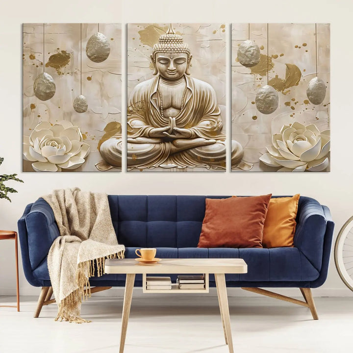 The Serene Buddha Wall Art—Yoga Room Decor and Meditation Wall Art Print—framed and ready to hang, graces the space above the sofa, creating an aura of tranquility.