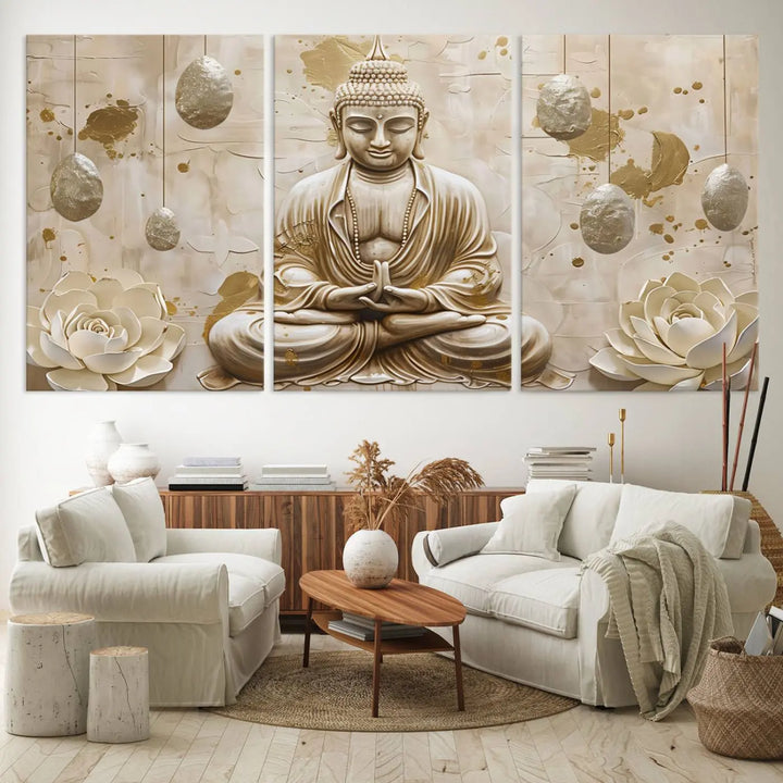 The Serene Buddha Wall Art—Yoga Room Decor and Meditation Wall Art Print—framed and ready to hang, graces the space above the sofa, creating an aura of tranquility.