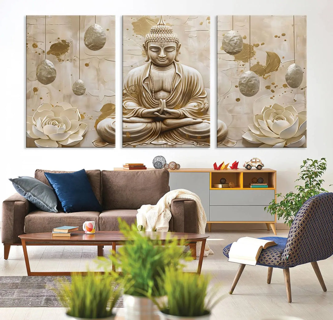 The Serene Buddha Wall Art—Yoga Room Decor and Meditation Wall Art Print—framed and ready to hang, graces the space above the sofa, creating an aura of tranquility.