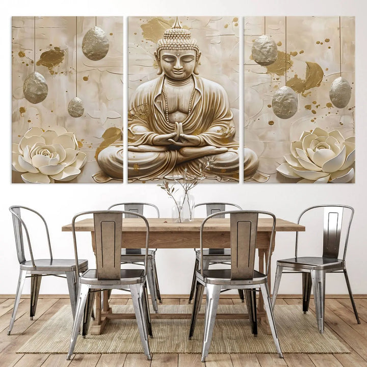 The Serene Buddha Wall Art—Yoga Room Decor and Meditation Wall Art Print—framed and ready to hang, graces the space above the sofa, creating an aura of tranquility.