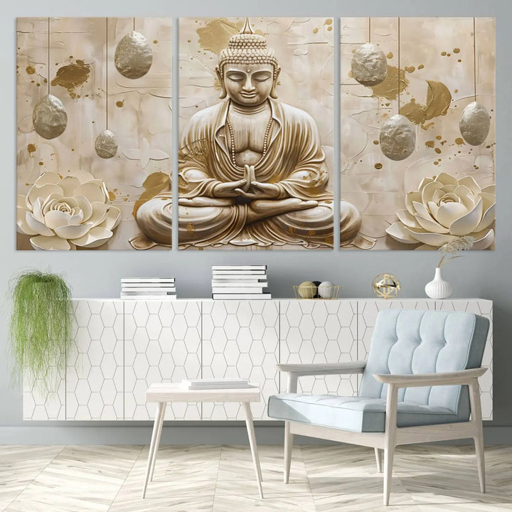 The Serene Buddha Wall Art—Yoga Room Decor and Meditation Wall Art Print—framed and ready to hang, graces the space above the sofa, creating an aura of tranquility.