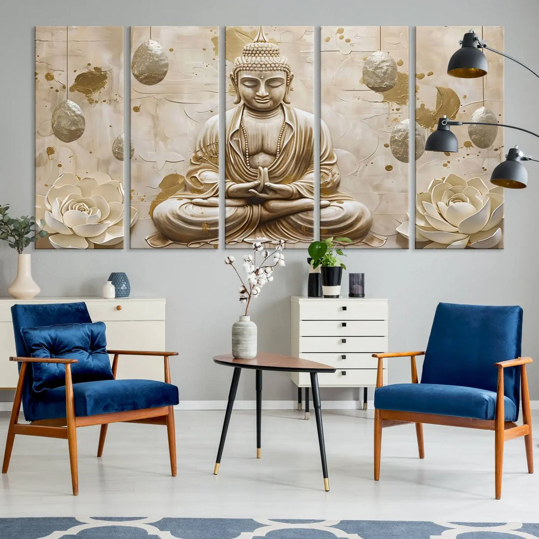 The Serene Buddha Wall Art—Yoga Room Decor and Meditation Wall Art Print—framed and ready to hang, graces the space above the sofa, creating an aura of tranquility.