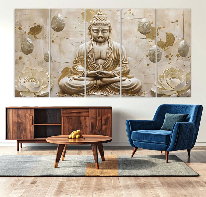 The Serene Buddha Wall Art—Yoga Room Decor and Meditation Wall Art Print—framed and ready to hang, graces the space above the sofa, creating an aura of tranquility.