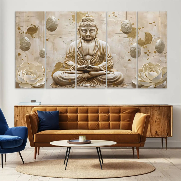 The Serene Buddha Wall Art—Yoga Room Decor and Meditation Wall Art Print—framed and ready to hang, graces the space above the sofa, creating an aura of tranquility.