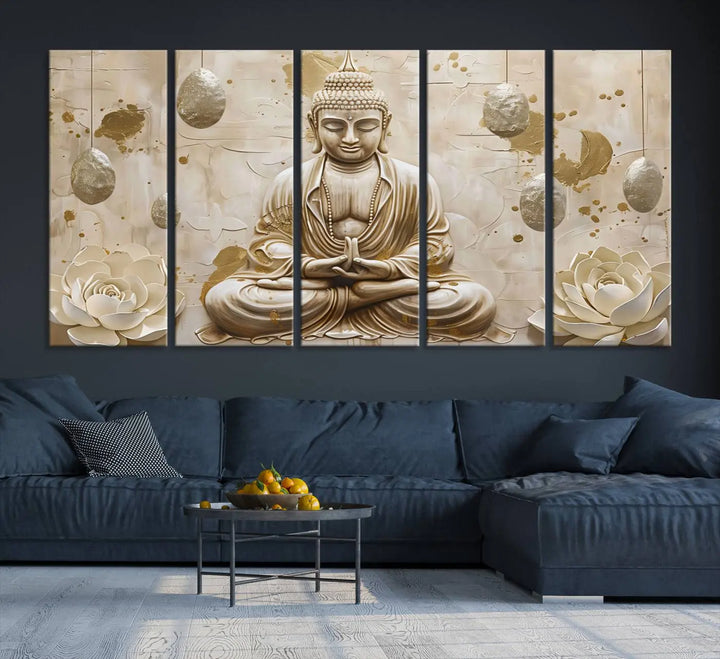 The Serene Buddha Wall Art—Yoga Room Decor and Meditation Wall Art Print—framed and ready to hang, graces the space above the sofa, creating an aura of tranquility.