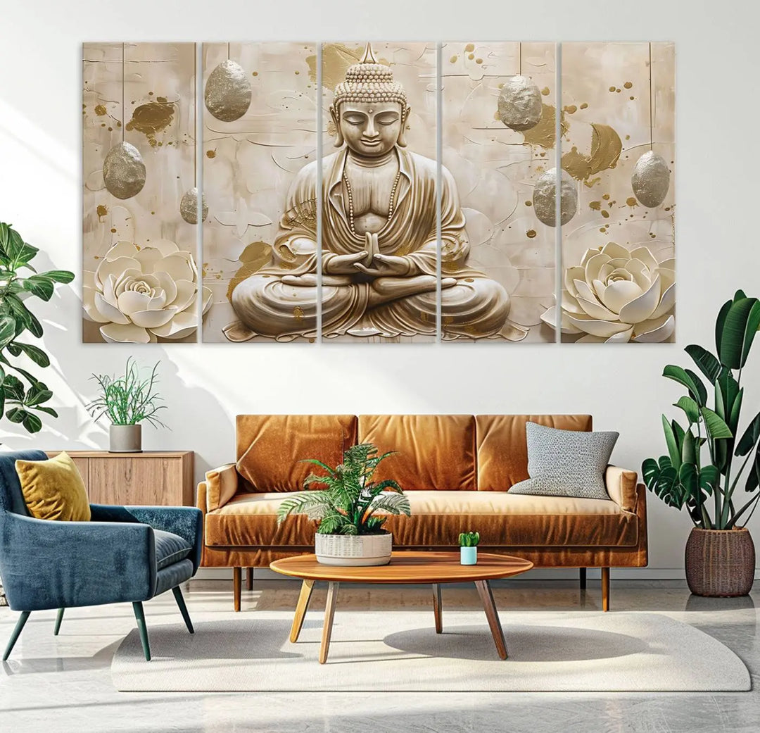 The Serene Buddha Wall Art—Yoga Room Decor and Meditation Wall Art Print—framed and ready to hang, graces the space above the sofa, creating an aura of tranquility.