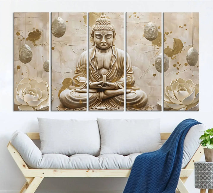 The Serene Buddha Wall Art—Yoga Room Decor and Meditation Wall Art Print—framed and ready to hang, graces the space above the sofa, creating an aura of tranquility.