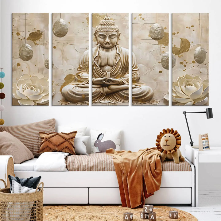 The Serene Buddha Wall Art—Yoga Room Decor and Meditation Wall Art Print—framed and ready to hang, graces the space above the sofa, creating an aura of tranquility.