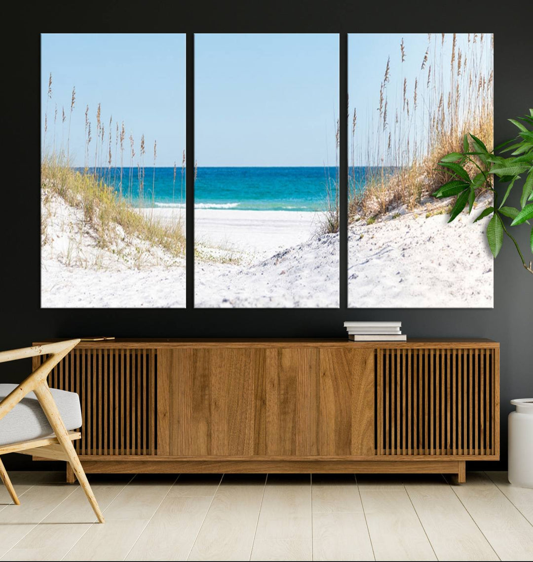 Serene Coastal Dune Path with Ocean View, 3-Panel Beach Canvas Wall Art, Tranquil Seascape Giclee Print, Gallery Wrap, Perfect for Coastal